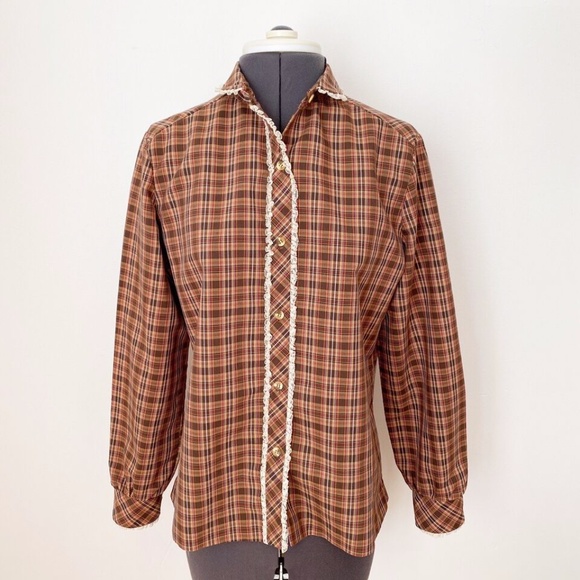 Vintage 70s Womens Shirt Top Plaid Lace Trim Button Up MJ Concepts in Sportwear - Picture 11 of 11